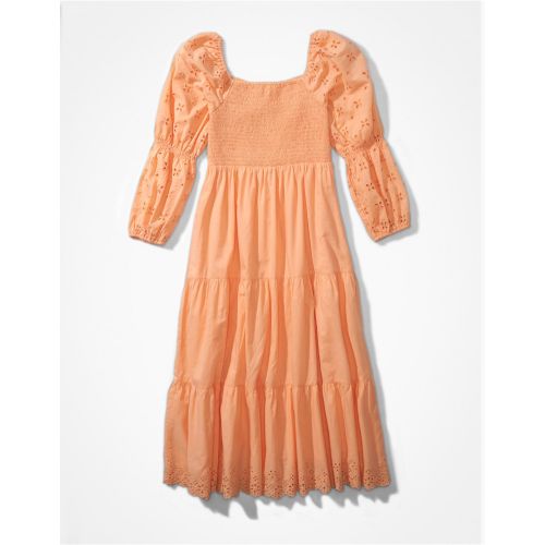 Aerie EYELET SMOCKED TIERED MIDI DRESS LINED @ Best Price Online