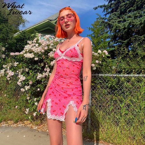 Fashion Pink Women Lace Up Cherry Dot Print Dress Slip Cute Girl