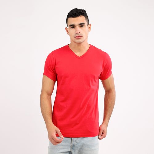 Buy eezeey Cotton Short Sleeves V-Neck Solid Tee - Red in Egypt