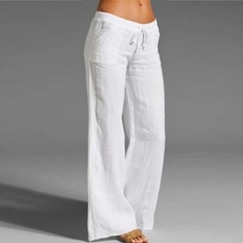 Women Summer Elastic Waist Drawstring Loose Trousers Casual Wide Leg  Bottoms Pants