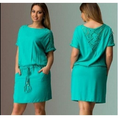 Buy Short Sleeve Women Elegant O-neck Sexy Lacy Solid Color Knee Lenght Midi Dress -green nice in Egypt