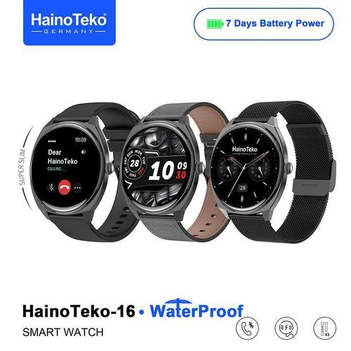 Haino Teko ساعة ذكية هاينو تيكو HainoTeko-16 - شاشة AMOLED دائرية، تدعم المكالمات بلوتوث، مقاومة للماء IP68، متوافقة مع أندرويد و iOS - لون أسود