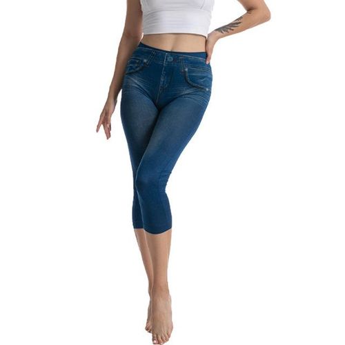 Generic 3/4 Length Faux Denim Leggings Women Capri Pants High Stretch Hip  Lift Slim-Fit Tights Female Streetwear Casual Bottoms Leggings @ Best Price  Online