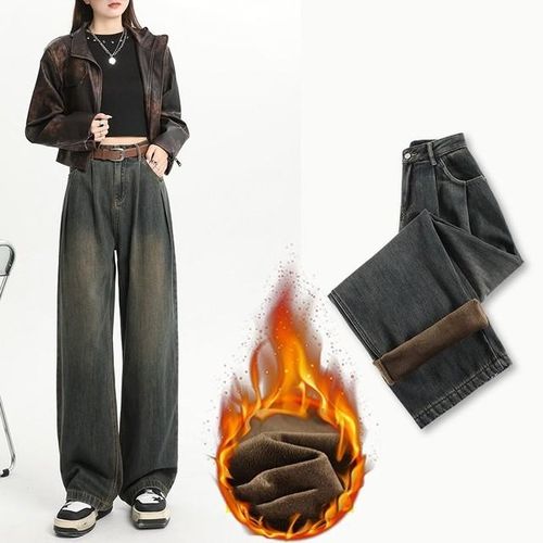 Vintage Baggy Fleece Jeans Straight Pants Design New Thick Vaqueros  Pantalones Add Velvet Ankle-length Denim Wide Leg Trousers - AliExpress