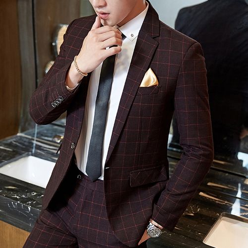 Gray Burgundy Slim Fit Groom Wedding Plaid Pants for Men