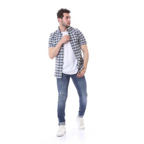 Buy Andora Blue, Black & White Tartan Regular Shirt in Egypt