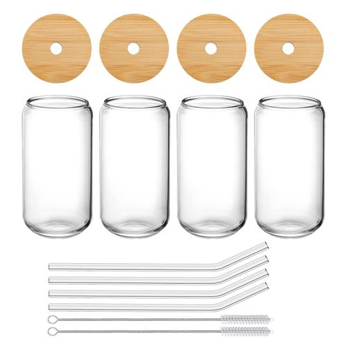  Drinking Glasses with Glass Straw and Bamboo Lids-4Pcs