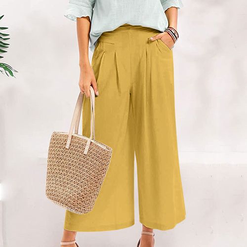 Fashion (Yellow)Women's Culottes Cotton Linen Pants Wide Leg