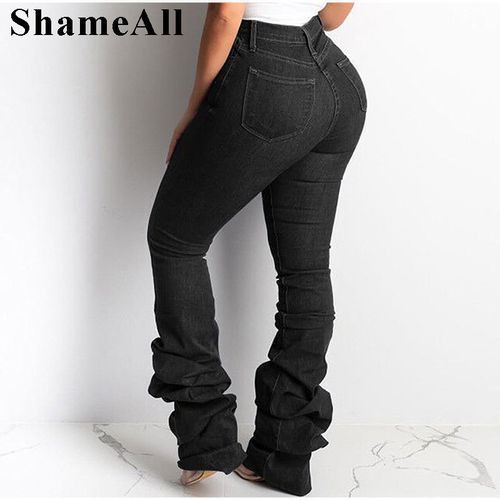 Fashion (Black)Plus Size Europe Style Stacked Flare Jeans Mom 3xl  Streetwear Slim Fit Trendy Bell-bottom Denim Pants Vintage Trousers SAB @  Best Price Online