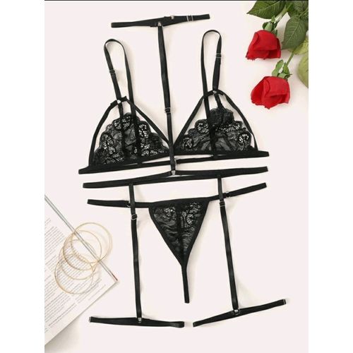 SHEIN SHEIN-Floral Lace Harness Garter Lingerie Set-6311 @ Best