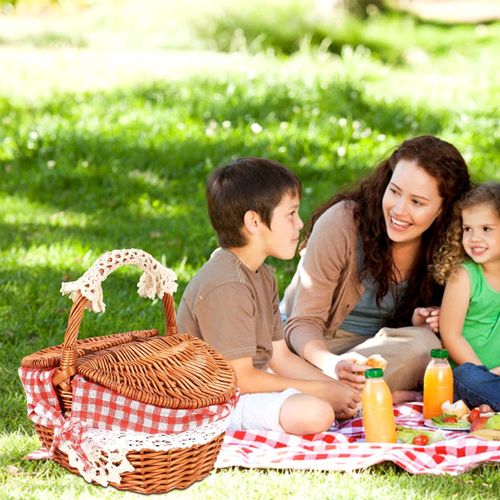 Picnic Basket Handmade Camping Wicker Picnic Basket Shopping Storage Basket  with Lid and Wooden Handle 