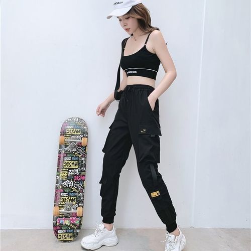 Women Elastic Waist Loose Cargo Pants Female Ankle-Length Jogging