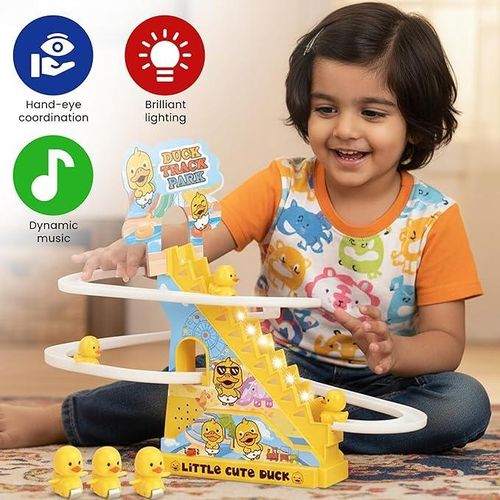 product_image_name-Generic-Kidology Electric Stair Climbing Track Toy for Kids, Duck Roller Coaster Toys with Flashing Lights and Music for Toddlers Boys and Girls (3 Duck Slide)-3
