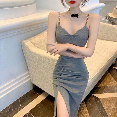 Generic New Style French Retro Pure Style V-neck High Slit Strap Dress  Women's Inner Wear Outer Wear Hot Girl Sheath Dress @ Best Price Online