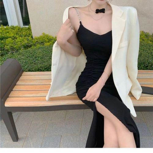 Generic New Style French Retro Pure Style V-neck High Slit Strap Dress  Women's Inner Wear Outer Wear Hot Girl Sheath Dress @ Best Price Online