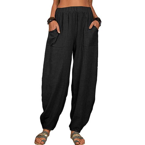 Fashion (Black Linen Pant)Cotton Linen Vintage Boho Beach Trousers High  Waist Haren Pants Women Pockets Harem Wide Leg Pants Trousers Woman Clothing  New DOU @ Best Price Online