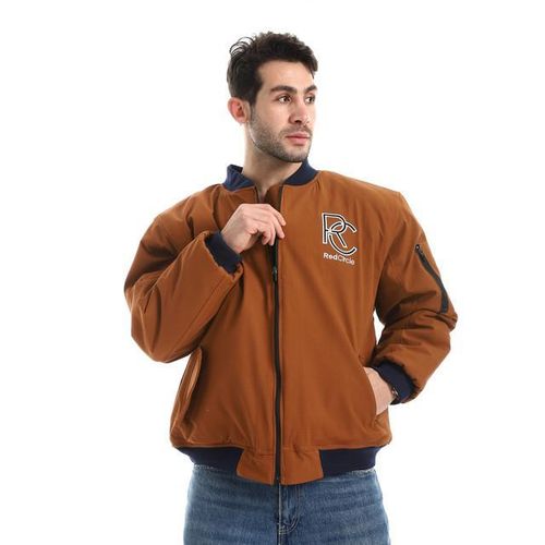 product_image_name-Red Circle-Embroidered Logo Zipped Waterproof Bomber Jacket - Caramel Brown & Navy Blue-1