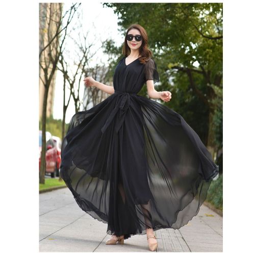 Fashion (Black)Plus Size Bohemian Beach Sundress Flying Clothing Chiffon  Loose Elegant Vestido Robes Lady Holidays Prom Long Dress Belt Which SAB @  Best Price Online