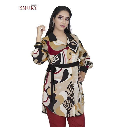 Buy Smoky Egypt Mixed Prints Crepe Shirt With Belt - Beige in Egypt