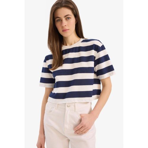 product_image_name-Defacto-Woman Crew Neck Boxy Fit Short Sleeve T-Shirt - Navy-3