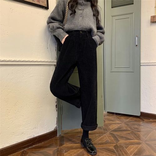 Women's Pants Capris PELEDRESS Loose Corduroy Pants Women High Waist Black  White Harajuku Korean Style Beige Plaid Wide Leg Pants Women Winter 230306