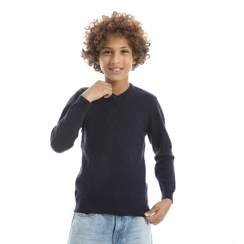 product_image_name-Ted Marchel-V-Neck Diamond Knitting Pattern Boys Pullover - Navy Blue-1
