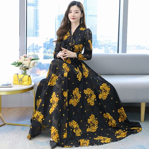 Fashion (black)Summer Black Print Maxi Dress Plus Size S-4XL Flower Long  Sleeve Women Chiffon Long Dress Vestidos DOU @ Best Price Online