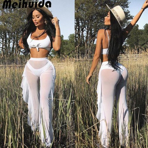 Newest Womens Beach Mesh Sheer Bikini Cover Up Swimwear Transparent Long Pants  Trousers 