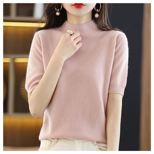 Fashion Leather Pink Fashion Women Solid Pullover Knitted T Shirt Korean Spring Summer Half high Collar All match Casual Loose Half Sleeve Tops 2023 RA Best Price Online Jumia Egypt