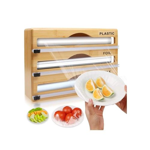 product_image_name-Generic-3-in-1 Bamboo Wooden Foil Dispenser with Cutter, Storage Organizer for Aluminum Foil, Cling Film, Parchment Paper, Tin Foil Dispenser for Kitchen Cabinet Drawer-2