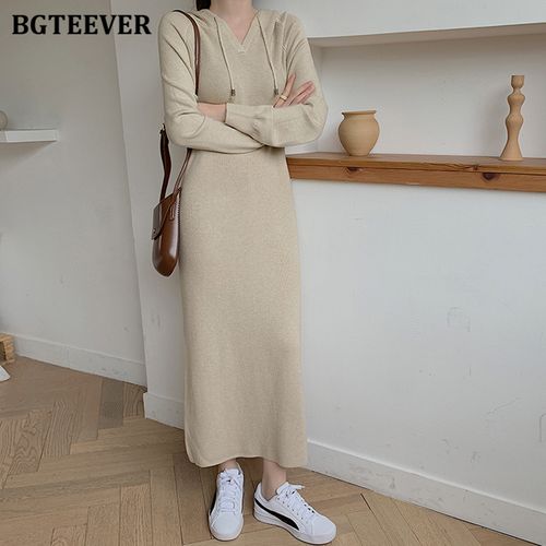 Fashion (beige)Autumn Winter Women Dress Hooded Knitted Midi