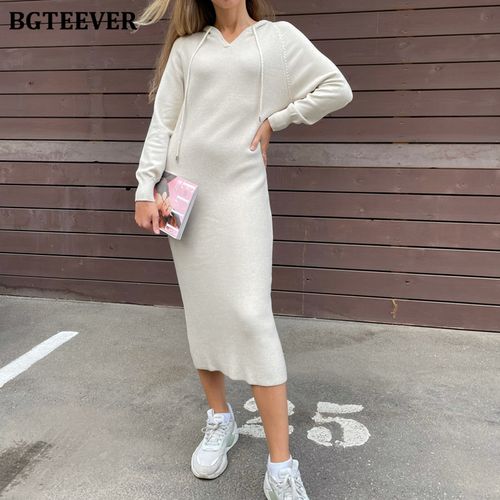 Fashion (beige)Autumn Winter Women Dress Hooded Knitted Midi Dresses For  Women Long Sleeve Loose Female Sweater Vestidos MAA @ Best Price Online