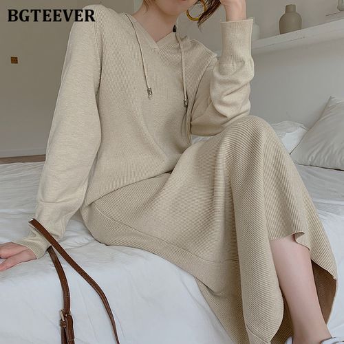 Fashion (beige)Autumn Winter Women Dress Hooded Knitted Midi