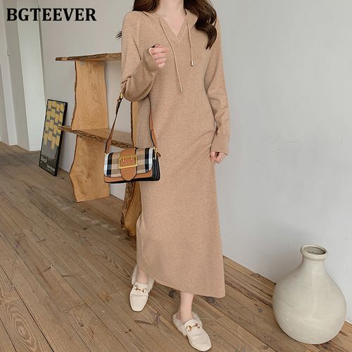 Fashion (khaki)Autumn Winter Women Dress Hooded Knitted Midi Dresses For  Women Long Sleeve Loose Female Sweater Vestidos MAA @ Best Price Online