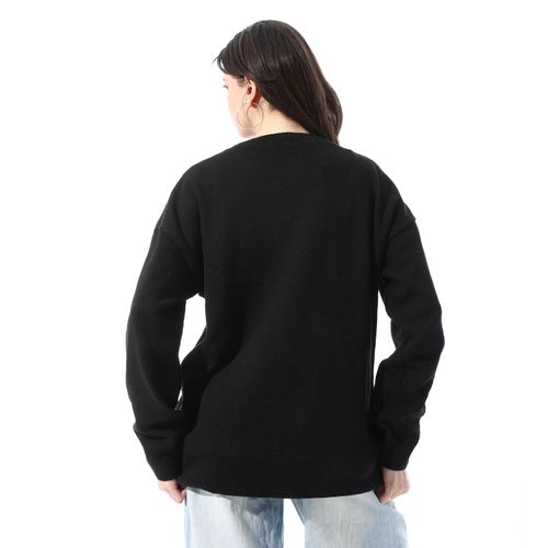Andora Ribbed Cuffs Patterned Pullover - Black - image 3