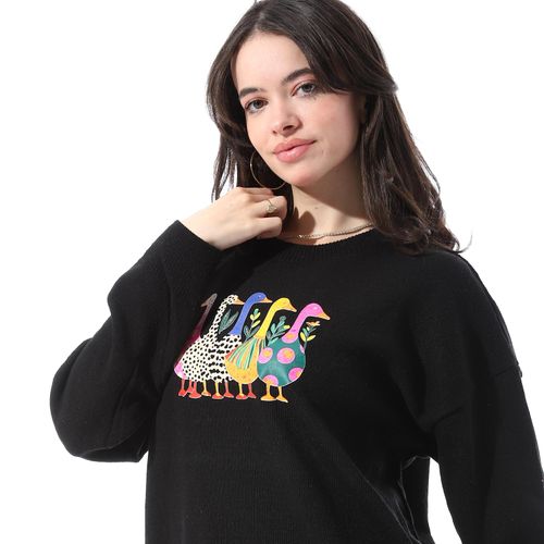 Andora Ribbed Cuffs Patterned Pullover - Black - image 4