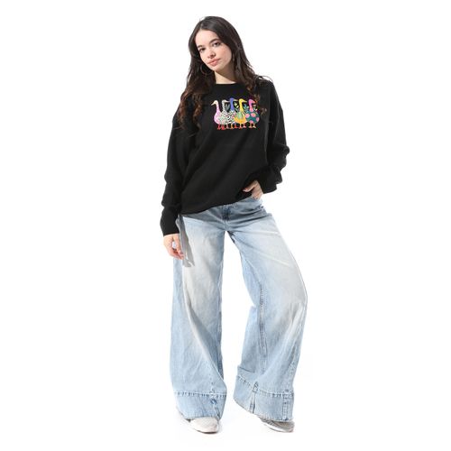 Andora Ribbed Cuffs Patterned Pullover - Black - image 5