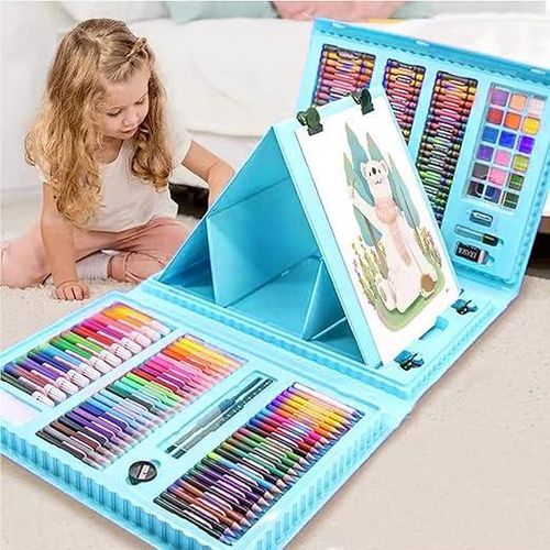 product_image_name-General-208 PCS Art Supplies, BRAND Drawing Art Kit for Kids Adults Art Set with Double Sided Trifold Easel, Oil Pastels, Crayons (Blue)-1
