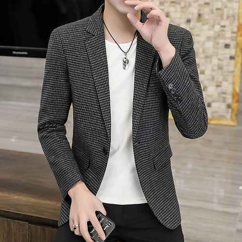 Fashion Men Plaid Lapel Slim Fit Blazer Jacket Coat One Button