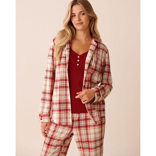 product_image_name-La Vie En Rose-Red & Beige Plaid Soft Velour Button-down Shirt-4
