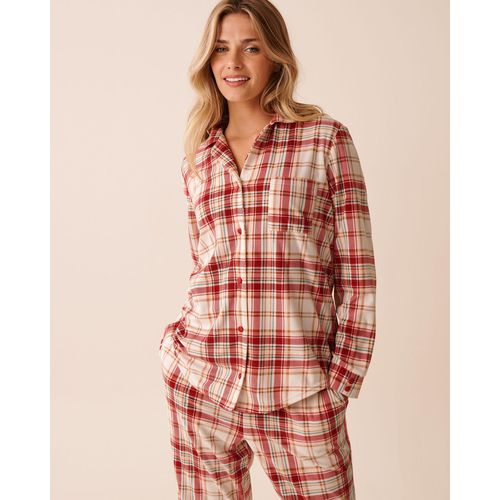 product_image_name-La Vie En Rose-Red & Beige Plaid Soft Velour Button-down Shirt-5