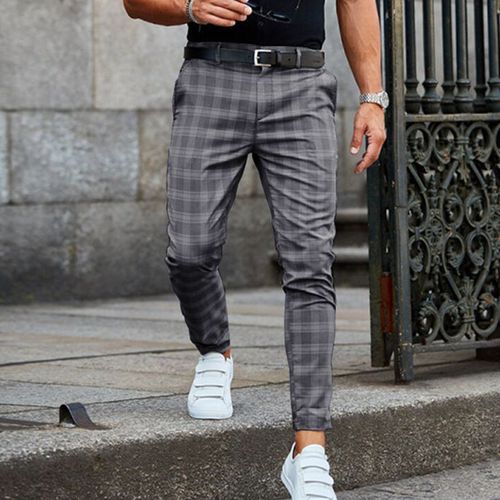 Fashion (03 Dark Gray)Spring Fashion Plaid Printed Pencil Pants For Mens  Vintage Mid Waist Button Trouser Male Summer Casual Long Pant Streetwear OM  @ Best Price Online