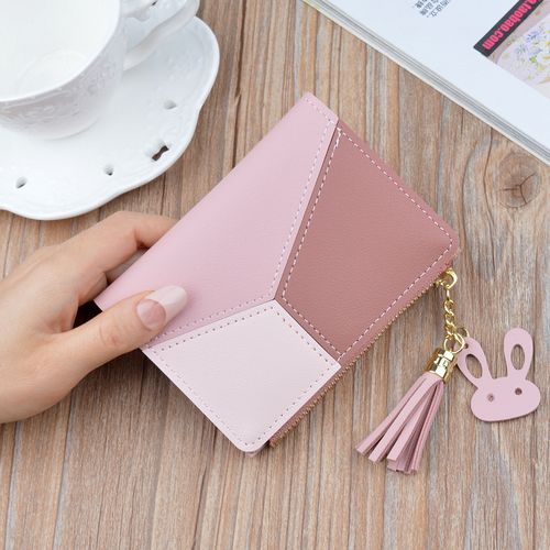 Geometric Pattern Short Wallet - Stylish Zipper Around Wallet, Pom