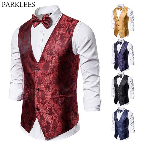 Fashion (Gold)Mens Classic Paisley Jacquard Vests(Suit Vest+Bow