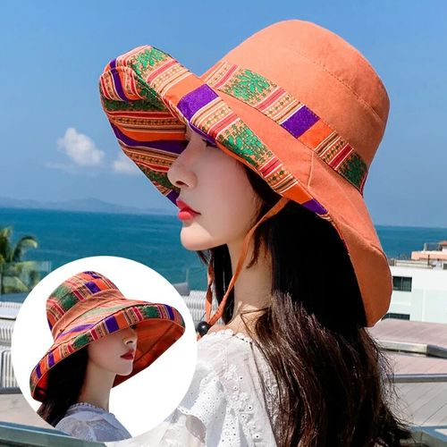 Womens Wide Brim Bucket Hat Straw With Chin Strap Sun Protection