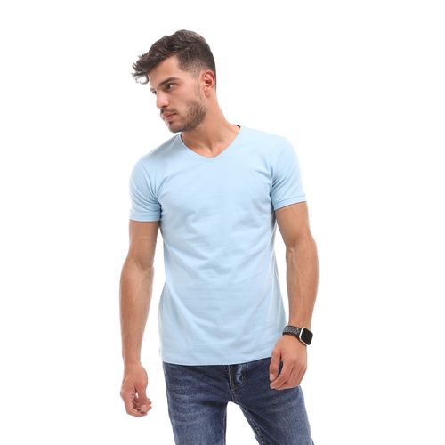 Buy Izor Basic Cotton V-Neck Solid T-Shirt - Baby Blue in Egypt