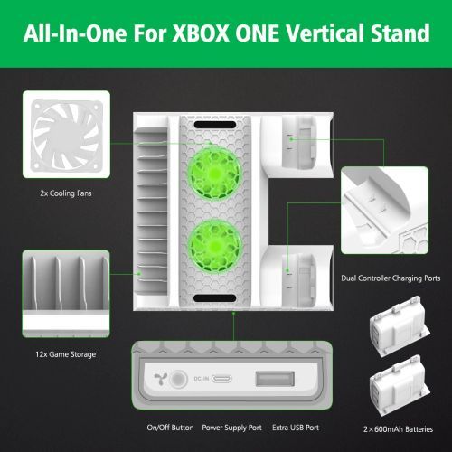 Otvo Vertical Stand With 2 Cooling Fans + 2 Batteries + Games Storage + Dual Controller Charging Docking Station For Xbox ONE/S/X - White