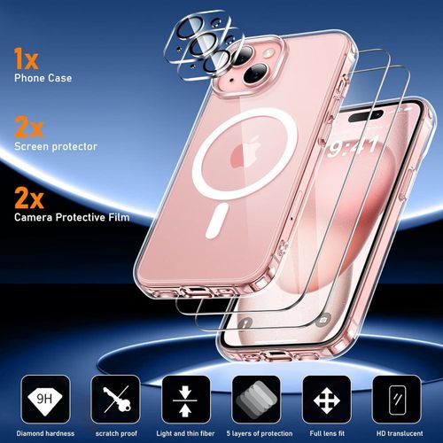 product_image_name-Generic-جراب مغناطيسي لهاتف آيفون 15 مزود بلوحتي حماية من الزجاج المقوى ولوحتي حماية للكاميرا، متوافق مع نظام MagSafe، جراب خلفي مضاد للخدش ومقاوم للصدمات مصنوع من مادة TPU لهاتف آيفون 15 مقاس 6.1 بوصة - شفاف-2