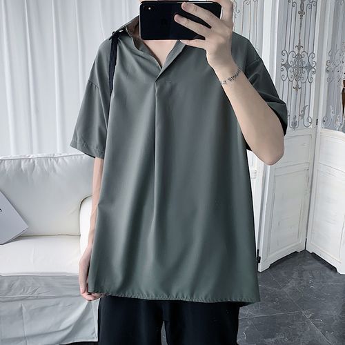 Fashion Short Sleeve Men's Loose Shirt Teen Solid Color Shirt-grey