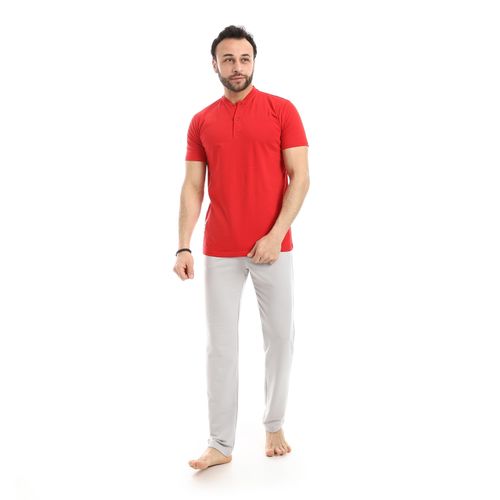 Andora Short Sleeve Solid Pattern Pajama Set - Grey & Red